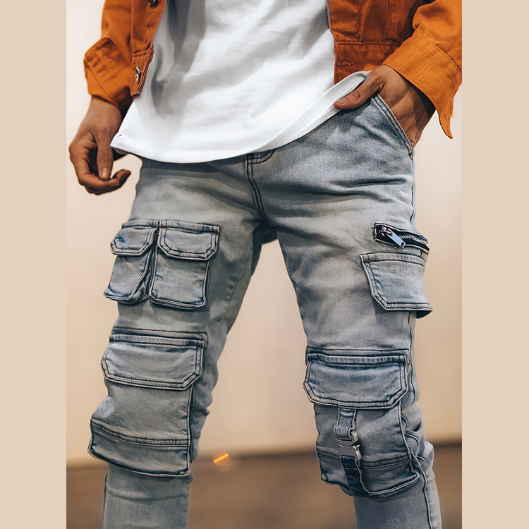 DiZNEW High Quality Men Denim Cargo Jeans Pants Fashion