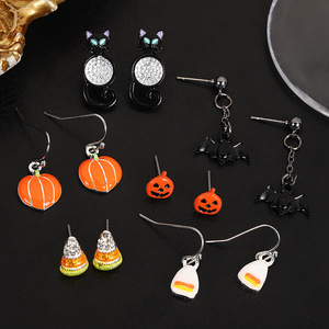 Ensemble de boucles d'oreilles Halloween, boucles d'oreilles à clous en forme de citrouille et de chauve-souris pour femmes, bijoux de fête, alliage de zinc, acier inoxydable - Product Image 1