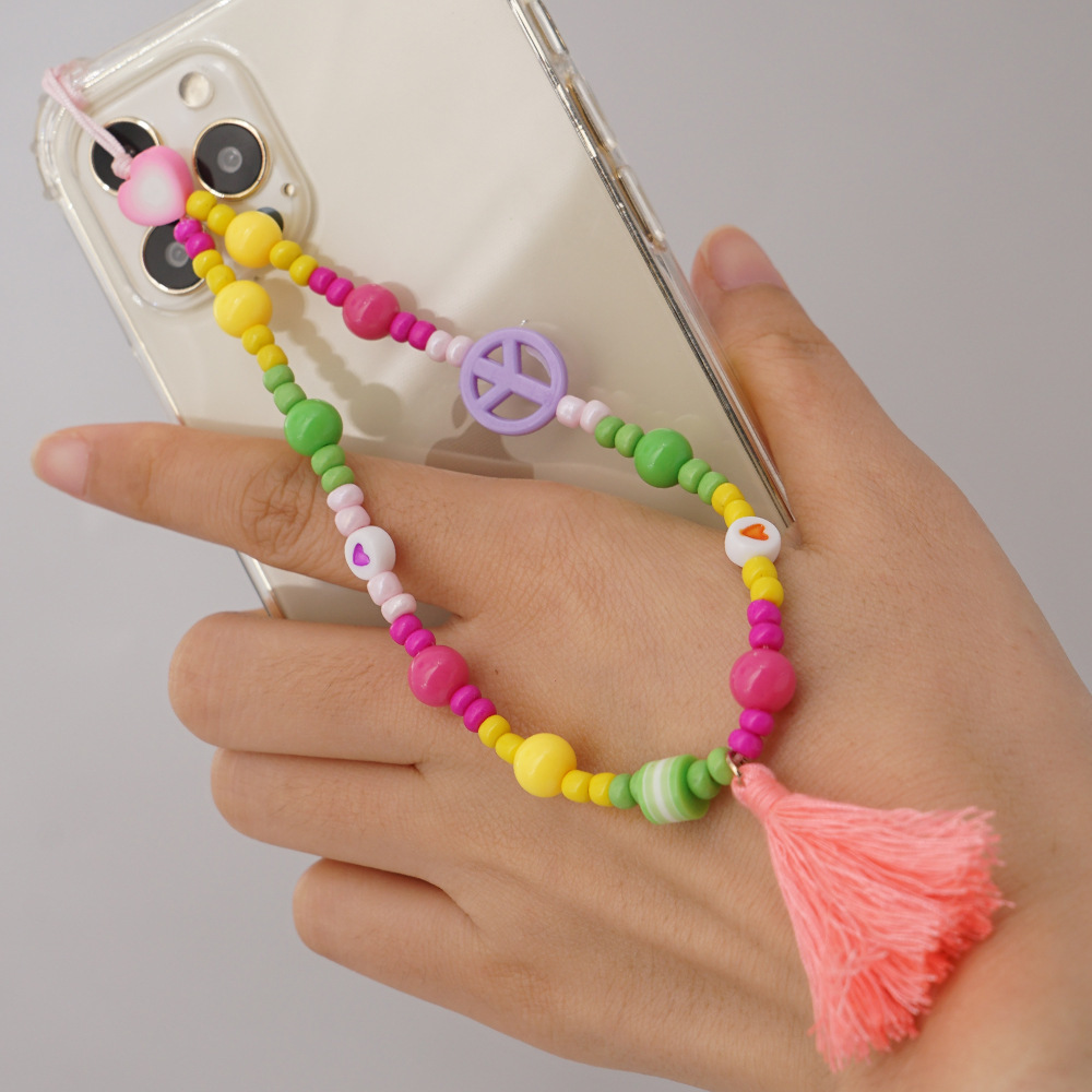Dvacaman Fashion Trendy Mobile Chain Multicolored Beaded Phone Strap Charm Handmade Heart Soft Pottery Tassel Wrist Phone Chain