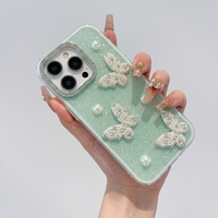 Coque de téléphone 2-en-1 avec cadre diamant à grandes perforations, compatible iPhone 17, motif papillon rose pailleté et perle, anti-chute