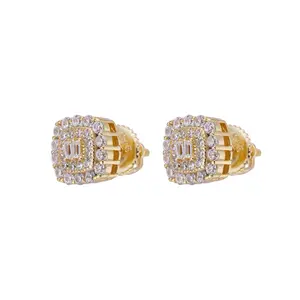 New Personality Fashion Hip Hop Baguette Round Vvs Moissanite 3 Turns Stones Square Screw Back Stud Earrings