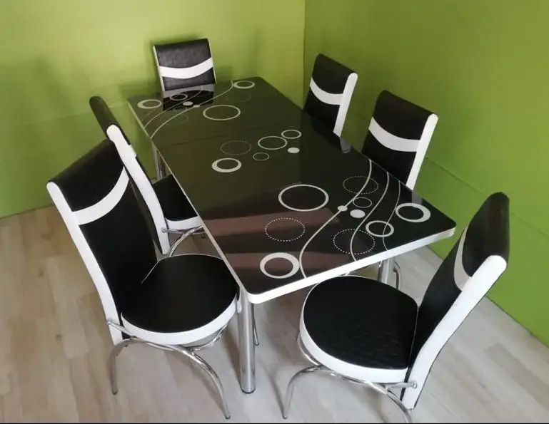 Table en verre ronde + 6 chaises, ensemble extensible multicolore, design turc