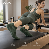 Chaussettes de Pilates antidérapantes vert forêt à rayures grises, coupe basse, invisibles, pour studio, semelle intégrale, production en gros, évaluation des motifs, classification des tailles