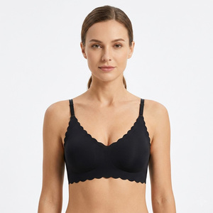 Breathable Comfortable Wave Edge V Neck Brasier Adjustable Shoulder Strap Full Cup Bralette Ice Silk Seamless Bra