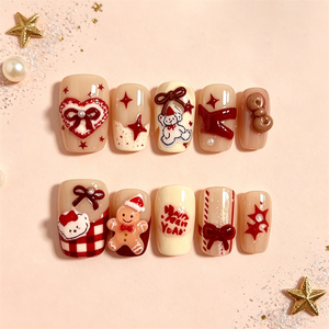 Ongles à presser de Noël et d'hiver, édition limitée, courts carrés, faits main, motifs Bonhomme en pain d'épices, Bonhomme de neige, Nœud, réutilisables, en ABS, style dessin animé, 10 pièces - Product Image 4