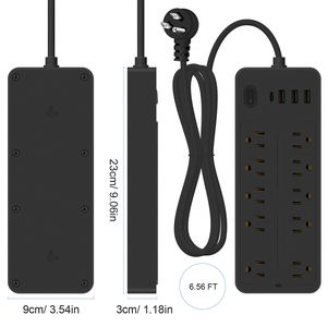 Protector contra sobretensiones Enchufe plano con 10 salidas 3 puertos USB 1 Tipo C 1250W Cable de extensión Tira de alimentación para oficina en casa - Product Image 3