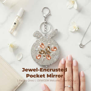 Cute Bunny Ears Rhinestone <b>Compact</b> <b>Mirror</b> Keychain 3D Flower Pearl Charm Dual Sided HD Glass Pocket Makeup <b>Mirror</b> Bulk Wholesale - Product Image 1