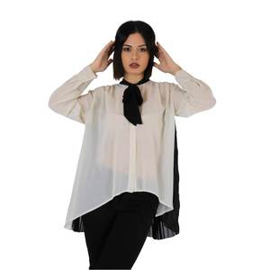 Donna Camicia Beige Nero Long Sleeve <b>Blouse</b> With Black <b>Neck</b> <b>Tie</b> Asymmetric Hem Women's Top - Product Image 1