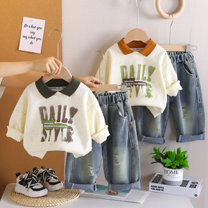 90 कपास की लंबी आस्तीन टी-ब्लू डेनिम पैंट सेट दैनिक स्टाइल प्रिंट शरद ऋतु आकस्मिक पोशाक - Product Image 1