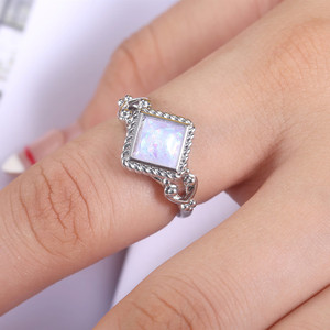 Anello vintage a rombo cavo per donna, design con pietra color opale intarsiata, gioielli alla moda - Product Image 6
