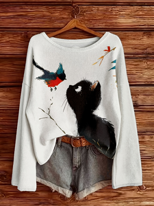 Damen Schwarzer Katzen- & Vogel-Strickpullover 2026 Künstlerischer Erzählungs-Jumper 100% Polyester Digitaldruck Lässiges Weißes Langarm-Oberteil - Product Image 3