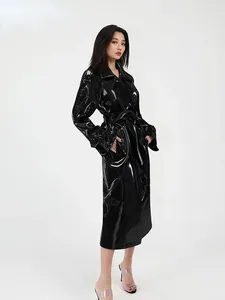 Manteau trench en cuir verni brillant à col rabattu avec ceinture pour <span class=keywords><strong>femme</strong></span>, style gothique, en similicuir PU, manches longues, sur mesure pour l'hiver - Product Image 2