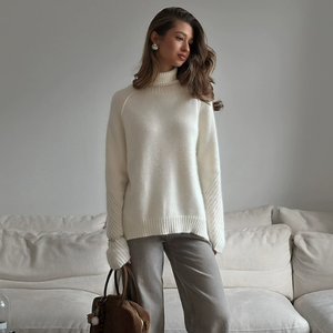 Suéter de cuello alto, estilo europeo y americano, otoño-invierno 2026, nuevo suéter blanco de punto, holgado e informal para mujer - Product Image 1