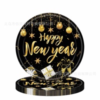 Assiettes, gobelets et serviettes en papier à thème du Nouvel An noir et or, ensemble de fournitures de fête jetables, vente chaude