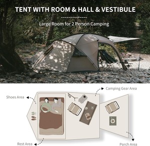Tente de camping OEM 1 chambre 1 salon - Tente légère et imperméable avec cheminée pour 2 personnes, utilisable toute saison - Product Image 5