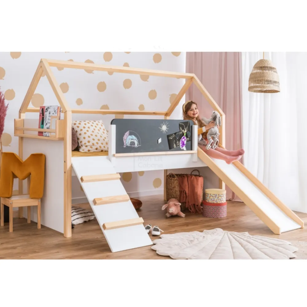 Cama de madera para loft, litera para dormitorio de niños, con tobogán litera de madera para niños, escaleras, gimnasio, marco de escalada de madera