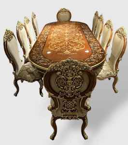 Juego de Comedor Redondo de Madera de Teca Antigua Dorada, Muebles Reales de Lujo, Juego de Mesa de Comedor para 10 Personas - Product Image 1