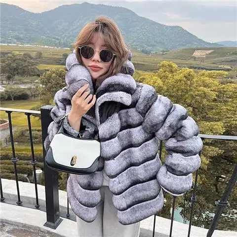 Fashionable lady Chinchilla round collar imitation Rex rabbit hair new short fur coat women's Chinchilla lapel fur winter Jacket