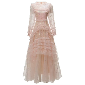 <span class=keywords><strong>Abito</strong></span> Lungo da Cerimonia XXXXL per Donna, Vestito da Sera con Paillettes <span class=keywords><strong>Rosa</strong></span> e Rosse, <span class=keywords><strong>Motivi</strong></span> Floreali in Pizzo, Chiusura a Zip e Volant - Product Image 1