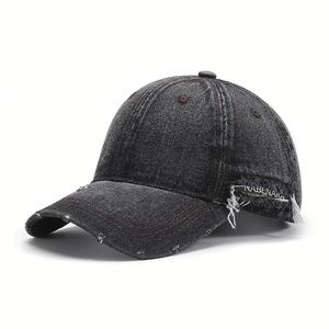 Casquette de baseball en jean déchiré rétro tendance unisexe, 100 % coton lavé, ajustable, 6 panneaux, couleur unie, marque JH, passe-partout - Product Image 1