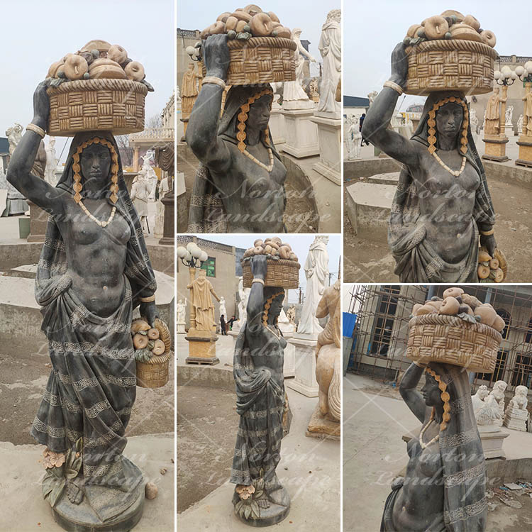 石彫りガーデン製品等身大黒大理石アフリカヌード女性像彫刻販売