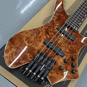 Guitare <span class=keywords><strong>basse</strong></span> sans tête à <span class=keywords><strong>5</strong></span> <span class=keywords><strong>cordes</strong></span>, table en érable burl, finition brillante, micros actifs, pont individuel, <span class=keywords><strong>basse</strong></span> personnalisée, vente en gros - Product Image 4