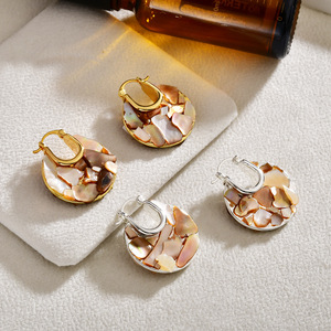 <b>Huggie</b> Earrings Shell Inlay Gold <b>Silver</b> Tone Women's Party Jewelry Fashion <b>Hoop</b> Earrings - Product Image 1