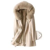 A59778 Damen Echtwollmischung Mantel mit Rex-Kaninchenfell-Futter und Nerzfellkragen Freizeit Herbst/Winter Langer Mantel Oberbekleidung