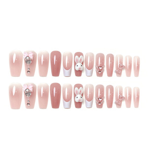 Faux ongles de luxe rose motif lapin, faits main de haute qualité, à presser, avec lapin pour Pâques - Product Image 5