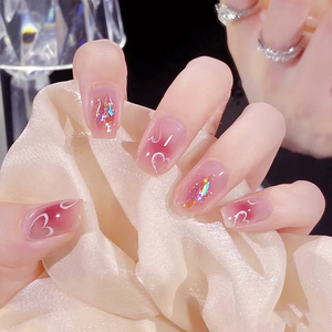 Uñas Postizas Minimalistas Rosadas de ABS, Forma Cuadrada, con Diseño de Corazón y Fragmentos de Vidrio, Estilo Ins, Arte de Uñas - Product Image 1