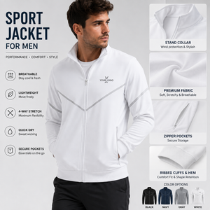 <b>White</b> Sport <b>Jacket</b> For <b>Men</b> Lightweight Full Zip Training Warm Up <b>Jacket</b> Ribbed Cuff Zip Pockets Custom Logo Team Sportswear - Product Image 1