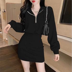 Hooded Long Sleeve Bodycon Dress Tight Waist Zipper Solid Color Casual Daily Wear Women's Mini Skirt Black Gray White - Product Image 1