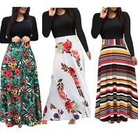 Robes longues à manches longues pour femmes, patchwork, imprimées de fleurs, drapées, vestidos, robe longue maxi décontractée pour femmes
