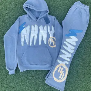 Özel 3D puf baskı Sweatsuits iki adet polar eşofman takımı boy pamuk Joggers alevlendi Sweatpants ve Hoodie seti erkekler