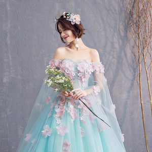 Robe de mariée florale à épaules dénudées, longueur au sol, en tulle, avec dos lacé, robe de mariée élégante pour cérémonie - Product Image 3