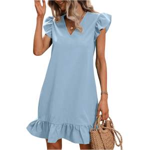 Robe décontractée d'été personnalisée pour femme, col en V, manches courtes, ourlet à volants, coupe trapèze, en tissu tissé respirant, taille élastique, pour usage quotidien - Product Image 5