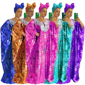 J&H 2023 Sequin print loose large size robe dress with hijab women's solid color bright color kaftan dresses plus size