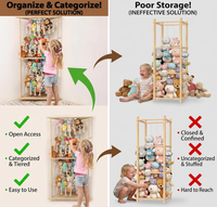 Étagère de rangement autoportante en bois à accès ouvert pour animaux en peluche, organisateur de jouets en forme de zoo, 4 niveaux, style bohème, avec hamac en macramé pour jouets