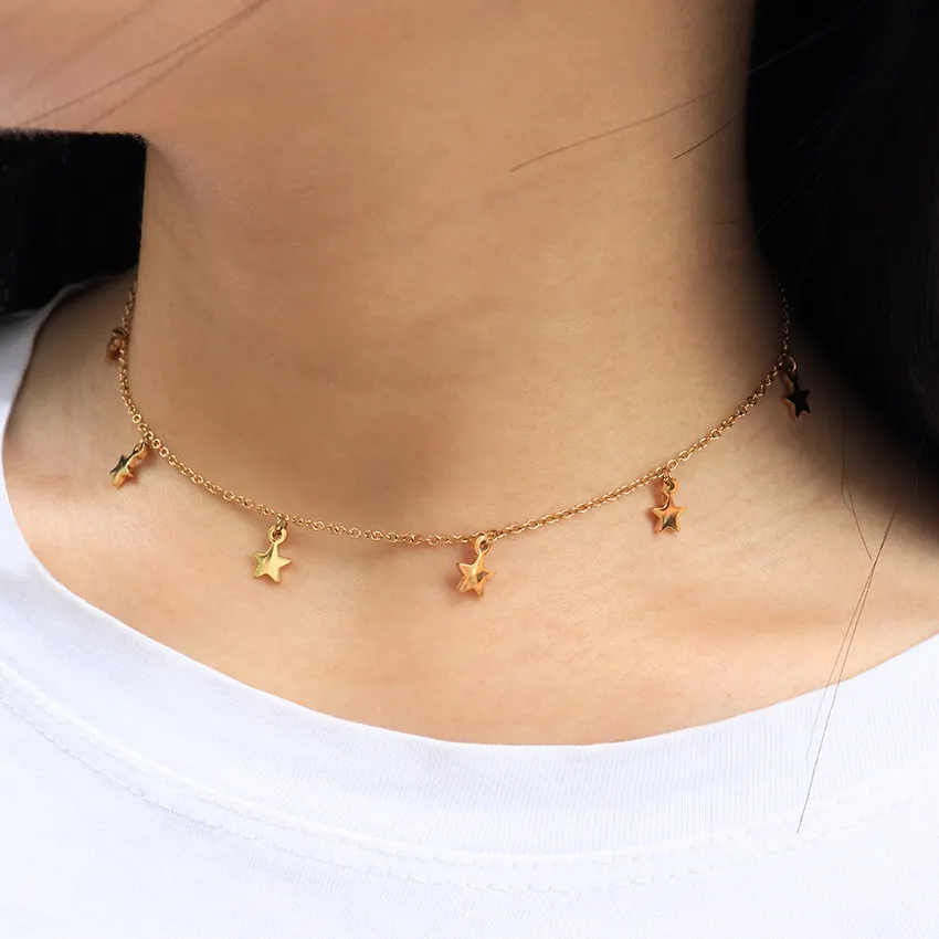 Collar delicado de estrella de acero inoxidable para mujer, joyería libre de deslustre, colgante de estrella chapado en oro de 18K para mujer