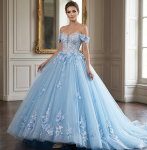 <span class=keywords><strong>Robe</strong></span> de Quinceañera bleu ciel magique avec <span class=keywords><strong>jupon</strong></span>, épaules dénudées, appliques florales, en <span class=keywords><strong>tulle</strong></span>, coupe princesse, traîne chapelle - Product Image 2