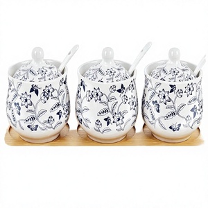 Blue White Floral Porcelain Vintage Eco-Friendly Sugar Bowl Lid <b>Spoon</b> Tray <b>Coffee</b> Salt Canister Set 3 9oz 200ml Kitchen - Product Image 2