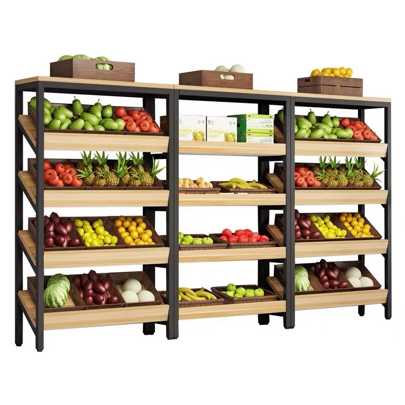 Présentoir en bois et métal pour fruits et légumes, 1 pièce, prix d'usine, vitrine pour supermarché