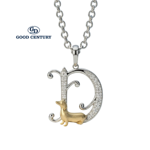 Collier pendentif Good Century en or blanc 18 carats avec diamant de laboratoire, initiale D, chien, <span class=keywords><strong>bicolore</strong></span>, luxe, cadeau pour animal de compagnie, <span class=keywords><strong>Teckel</strong></span> - Product Image 1
