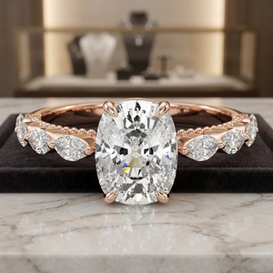 Anillo de Compromiso y Boda con Diamante Cultivado en Laboratorio con Certificación IGI, Corte Cojín, Piedras Laterales Marquise, Oro 10K/14K/18K, Plata 925/935, Rodio - Product Image 1