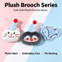 Broche en peluche mignonne de dessin animé (pingouin, poisson, chaton) pour accessoires de vêtements, écharpes et pinces à cheveux, fourniture en gros
