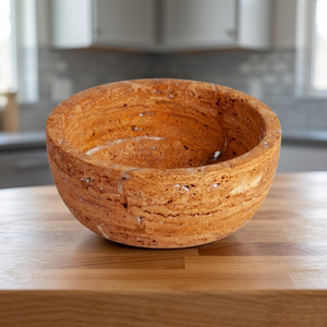 Bol en pierre de travertin naturel fait à la main, rond, décoratif, beige neutre, pour la cuisine, la décoration du salon - Product Image 3