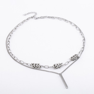 Minimalist Punk Style <b>Titanium</b> Steel Spliced <b>Chain</b> Double Layer Rectangular Pendant Necklace Unisex Daily Wear Geometric Design - Product Image 3