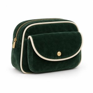 Pochette Cosmétique Mignonne à Double Fermeture Éclair, Tissu Peluche Vert Foncé avec Bordure Crème, Trousse de Toilette Personnalisable avec Logo, Cadeau en Polyester - Product Image 1