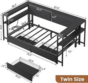 Ngu gục với ngăn kéo trẻ em khung giường đơn vị với Trạm Sạc góc giường với kệ lưu trữ tay vịn và tựa lưng bọc - Product Image 4