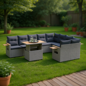 Set Divano da Giardino in Rattan Grigio a 6 Posti con Piedini Regolabili, Arredamento da Esterno dal Design Contemporaneo con Dettagli in Legno Teak - Product Image 2